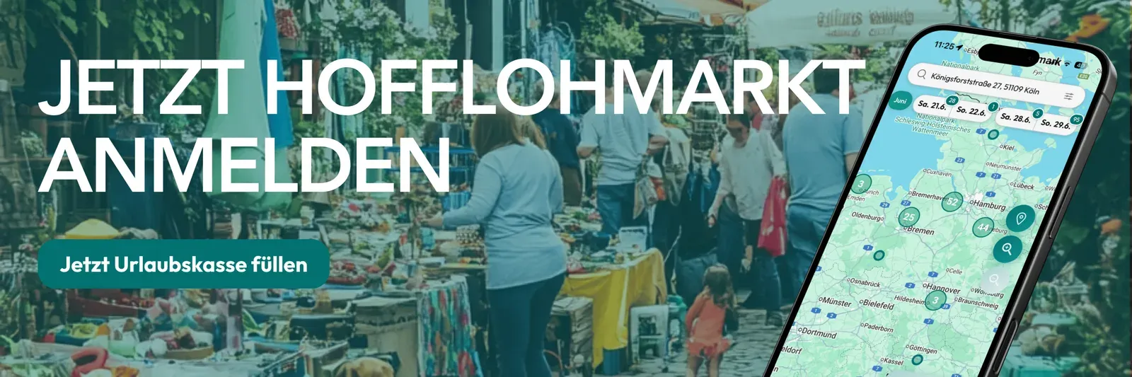 HofFloh-Banner „Jetzt Hofflohmarkt anmelden“ mit Flohmarktszene und Smartphone mit Kartenansicht