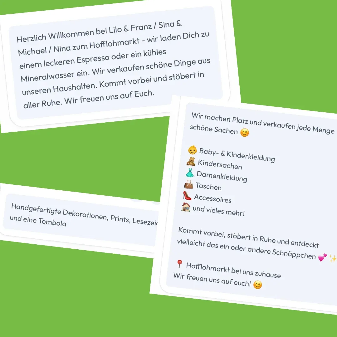 Beispiele für Standbeschreibungen aus der HofFloh-App auf grünem Hintergrund